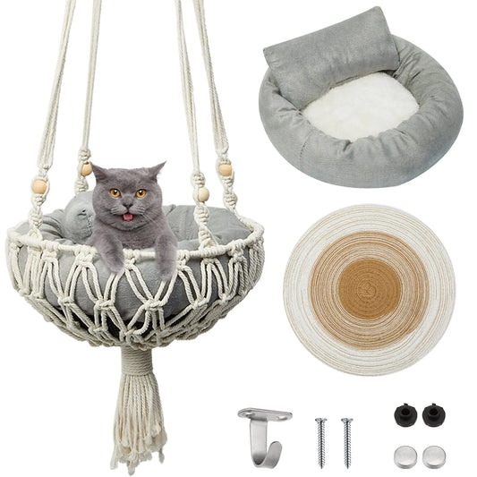 Juexica 3 Pcs Hamaca para Gatos Macramé que Incluye Cama Colgante Estilo Boho, Rascador para Gatos, Almohadilla para Rascar, Columpio para Gatos, Percha Colgante para Ventana para Gatos Pequeños y Perros Pequeños (Estilo Lindo 40 x 12 Pulgadas)